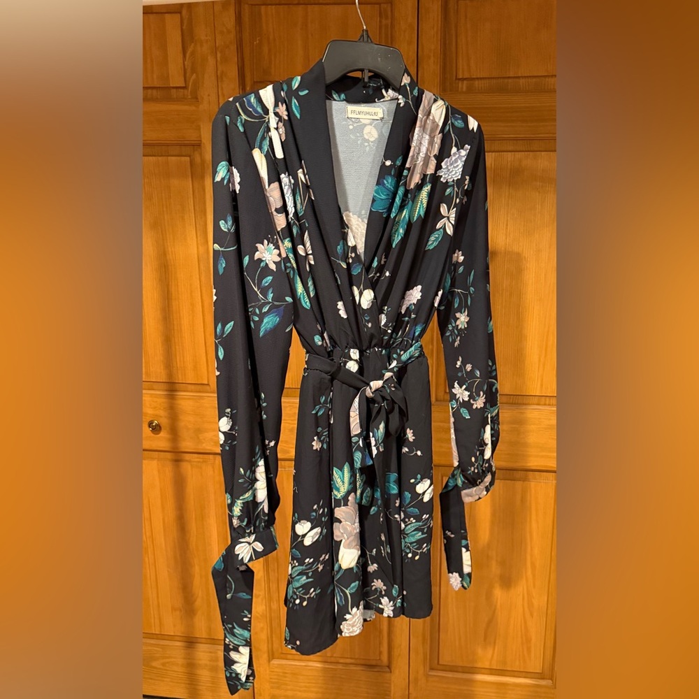 FFLMYUHULIU Black Floral Long Sleeve Faux Wrap Dress Surplice Tie Waist